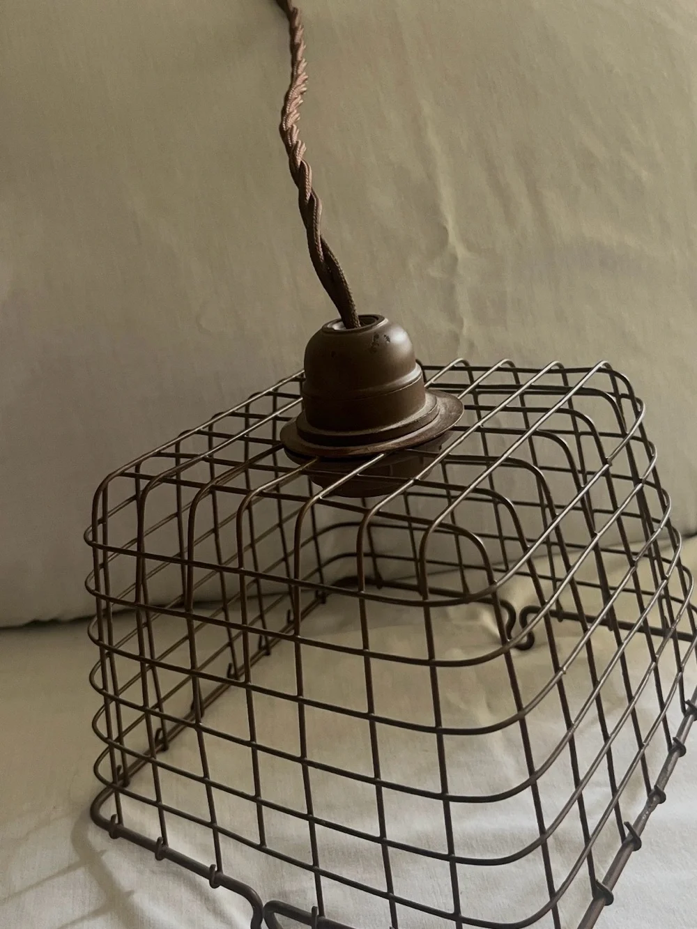 Vintage Industrial Wire Cage Pendant Light - Rustic Brown Primative